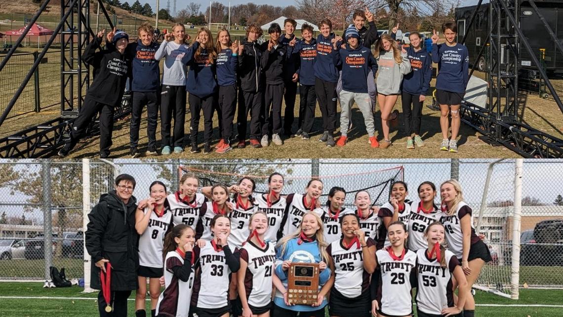 Two photos stacked, one of cross-country runners standing under a banner and the other of a field hockey team with medals