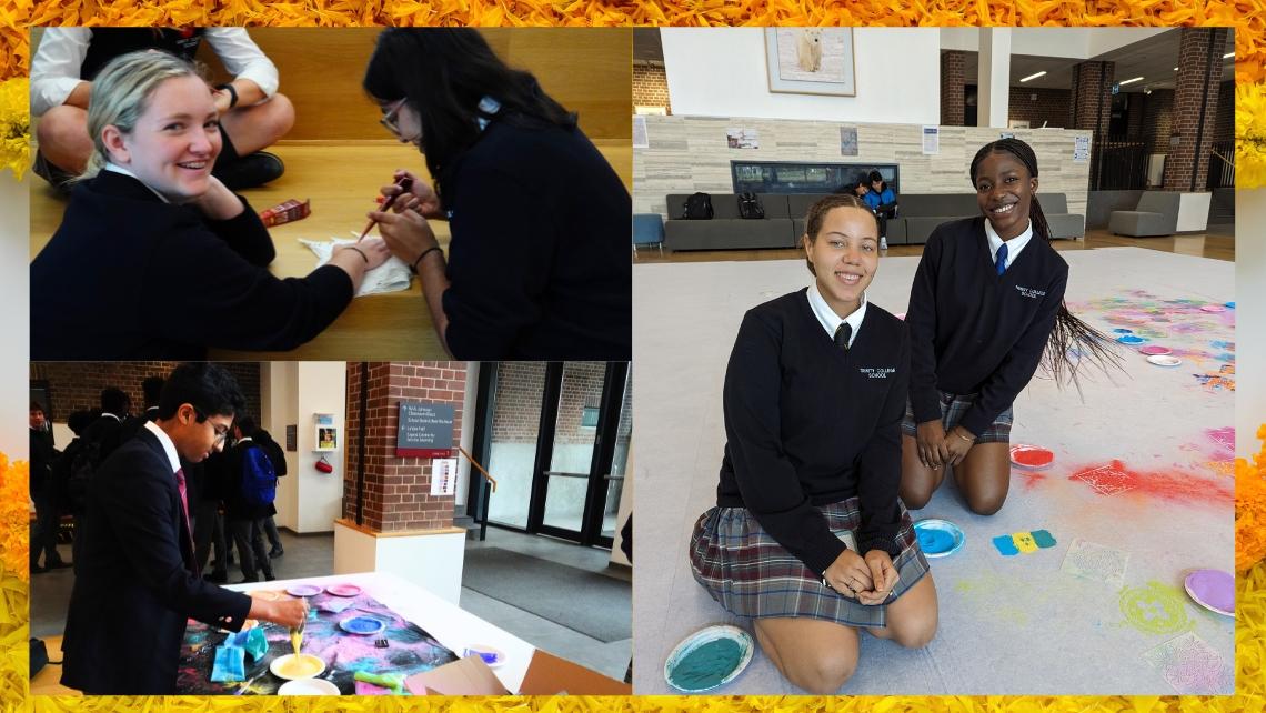 three images, in one a girl smiles while receiving a henna tattoo, in another two students kneel on large paper covered with bright artwork on the floor, in the third, a student pours powdered yellow paint onto a paper plate