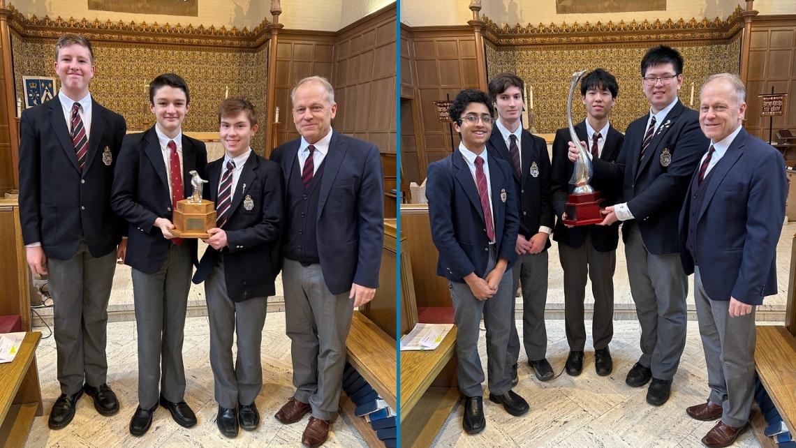Two photos side by side, in each there are a group of students holding a trophy and an adult standing beside them