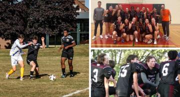 Collage of TCS teams playing soccer, football and basketball