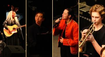 four images, a student with long white hair playing a guitar, a student seated at a piano, a student in a red military coat singing into a handheld microphone, a student seated playing trumpet