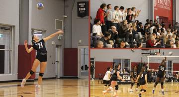 Collage of volleyball photos including player serving, a crowd of fans cheering in the stands, and the full team set up to defend