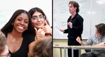 On the right, a photo of two students smiling and giving thumbs up; on the right one student stands before a whiteboard speaking, with a paper in his hand, while another student, seated, looks on