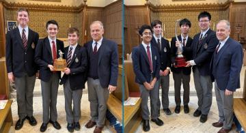 Two photos side by side, in each there are a group of students holding a trophy and an adult standing beside them