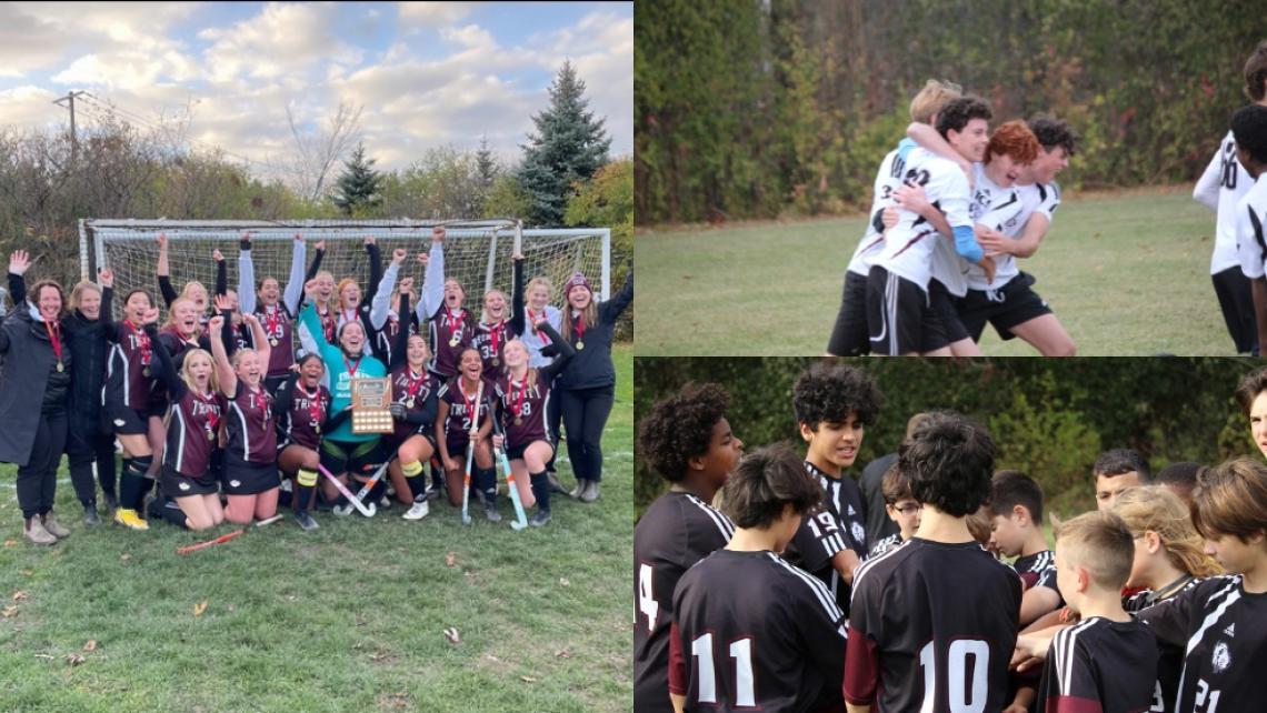 Collage of images with a field hockey team celebrating, three soccer players hugging and a soccer team in a huddle