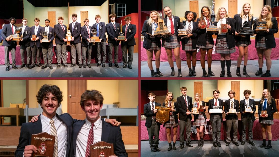 Collage of images of students in uniform holding trophies and plaques