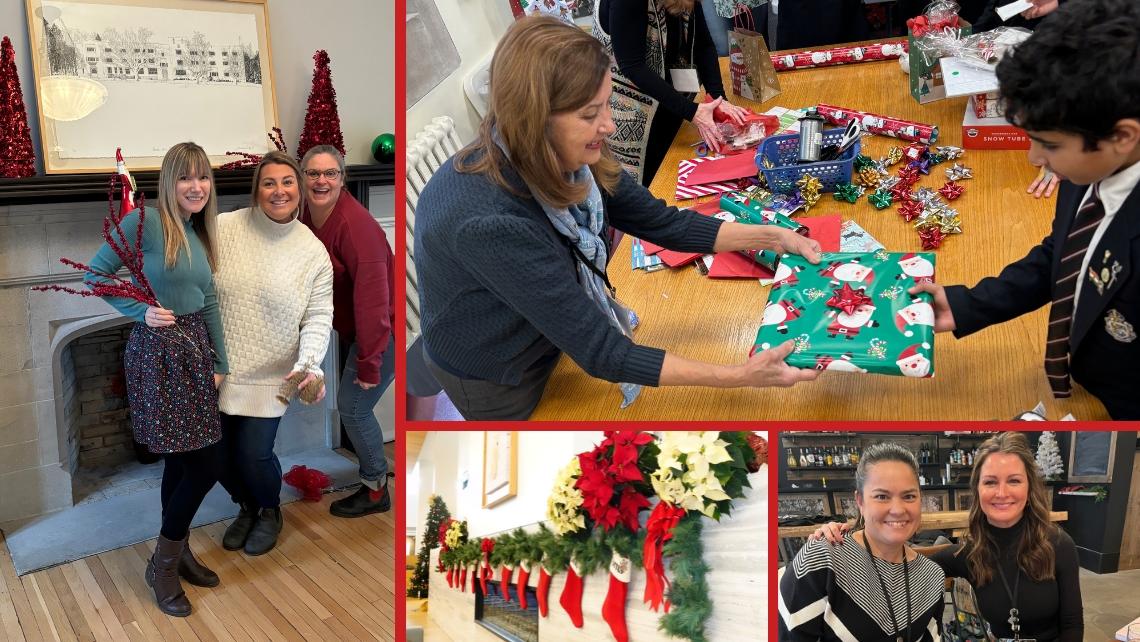 Collage of images including parents decorating the school for Christmas, a parent handing a wrapped present to a student, two parents at lunch, and stockings hung along a fireplace mantle decorated with poinsettias