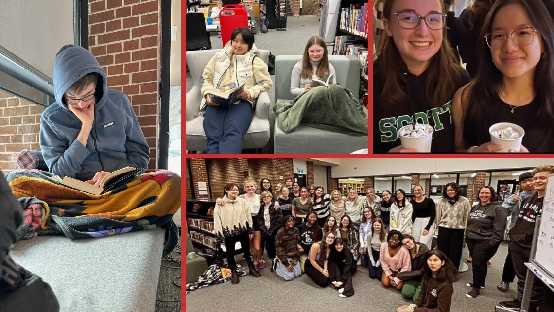 Collage of photos of students with blankets, reading in the library