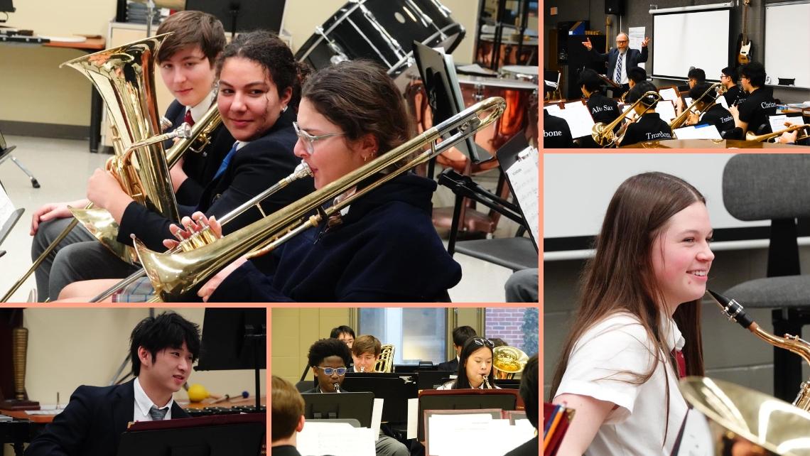 Collage of students in uniform playing brass instruments