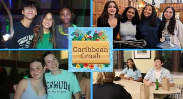 Collage of students at dance, including wearing t-shirts that say the names of Caribbean countries
