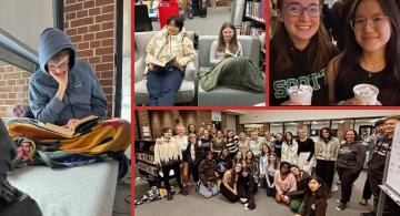 Collage of photos of students with blankets, reading in the library