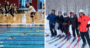 three photos, including two volleyball players awaiting a serve, three skiers in gear, and two swimmers racing in the pool