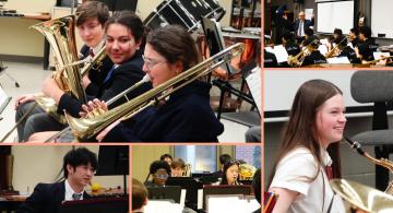 Collage of students in uniform playing brass instruments